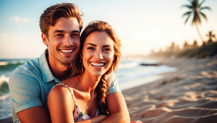 A couple smiles brightly, standing together on a sandy beach as the sun sets over the ocean