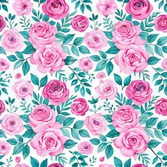 Vibrant Watercolor Floral Pattern with Pink Roses and Green Leaves