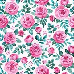 Vibrant Watercolor Floral Pattern with Pink Roses and Green Leaves