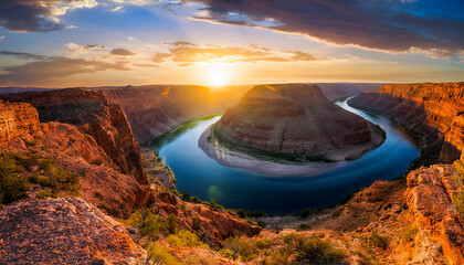 Naklejka premium Evening landscape with a winding river in a canyon, directly above