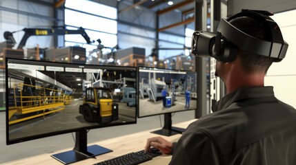 Fototapeta premium Virtual Reality Training Session on Machinery Operation in a Realistic Industrial Setting