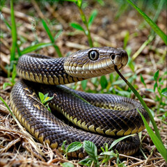 Obraz premium A close-up shot of a coiled snake with its tongue flicking out, set against a natural backdrop of grass and leaves. 