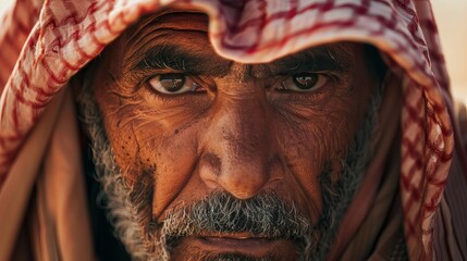 Arab Man in Traditional Clothing with Determined Expression, Preparing for a Major Event