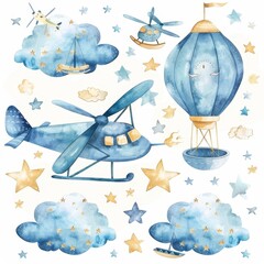Illustration of an adorable, cute air craft complete with airplanes, helicopters, and zeppelins in watercolor