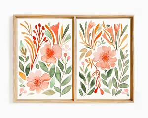 A set of two watercolor paintings with a light wooden frame on the wall, featuring a peach and coral floral design. The artwork includes a simple yet elegant composition of pink flowers and green