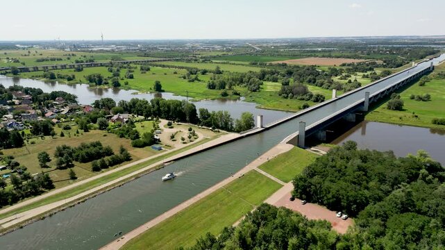 4k drone footage of the Magdeburg Water Bridge spanning the River Elbe near Wolmirstedt, Germany