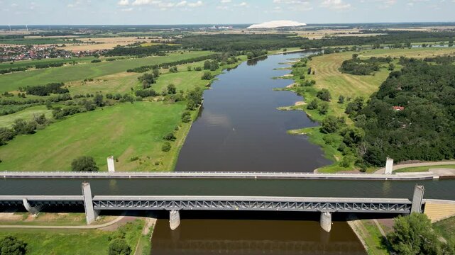 4k drone footage of the Magdeburg Water Bridge spanning the River Elbe near Wolmirstedt, Germany