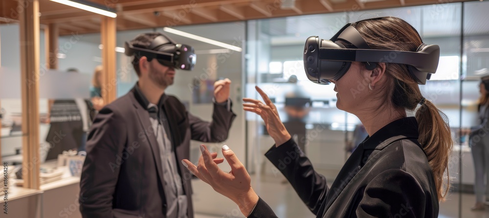 Poster innovative ar training session with virtual prototypes in modern office setting for technology advan