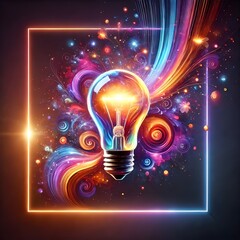 A vibrant and colorful light bulb radiates with swirling abstract patterns in a dynamic, illuminated scene against a dark background.