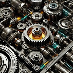 Detailed 3d background of futuristic mechanisms, gears with machine oil between them, wires, transparent tubes with colored liquid