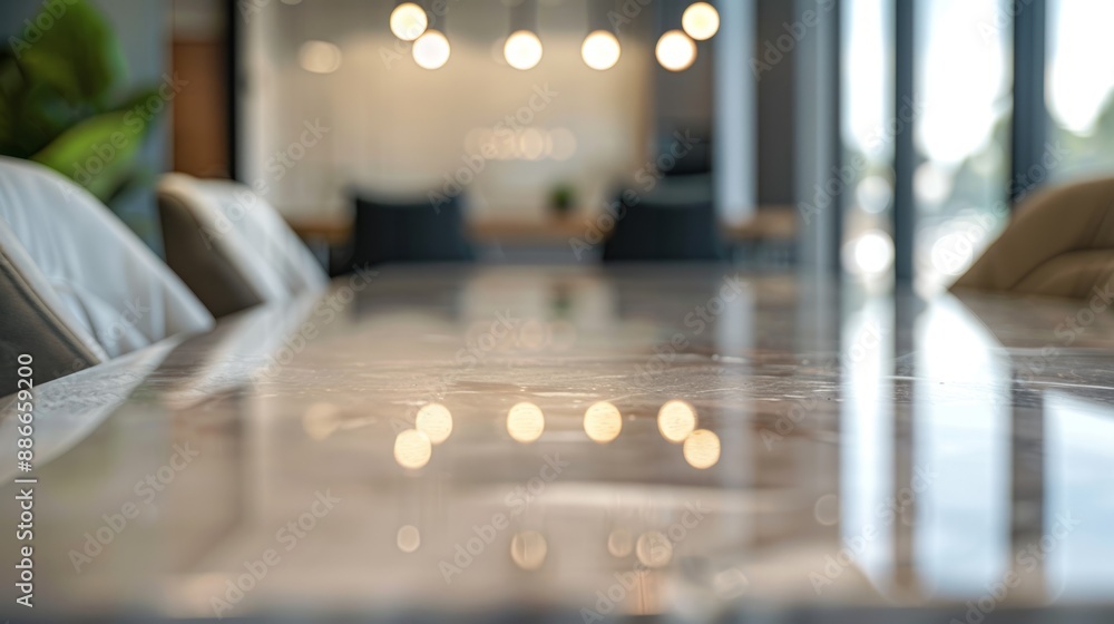 Aufkleber A close-up view of a polished table in a modern office, with the lights from above reflected on the surface. The background is blurry, creating a bokeh effect