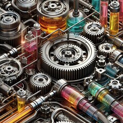 Detailed 3d background of futuristic mechanisms, gears with machine oil between them, wires, transparent tubes with colored liquid