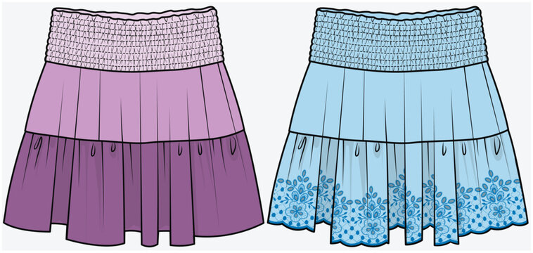 TIERED SKIRT WITH SMOCKING WAIST DEAIL DESIGNED FOR TEEN GIRLS AND KID GIRLS IN VECTOR FILE
