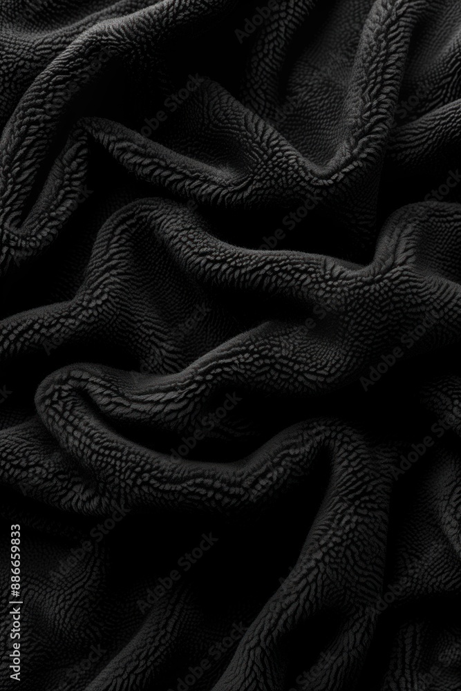 Poster Close-up view of black fabric with crinkled texture, unique pattern adds depth. Fabric appears to be clothing or textile material. Blurred background draws focus on fabric.