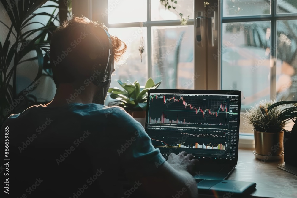 Aufkleber trader analyzing cryptocurrency data in minimalist home office with sunlit ambiance