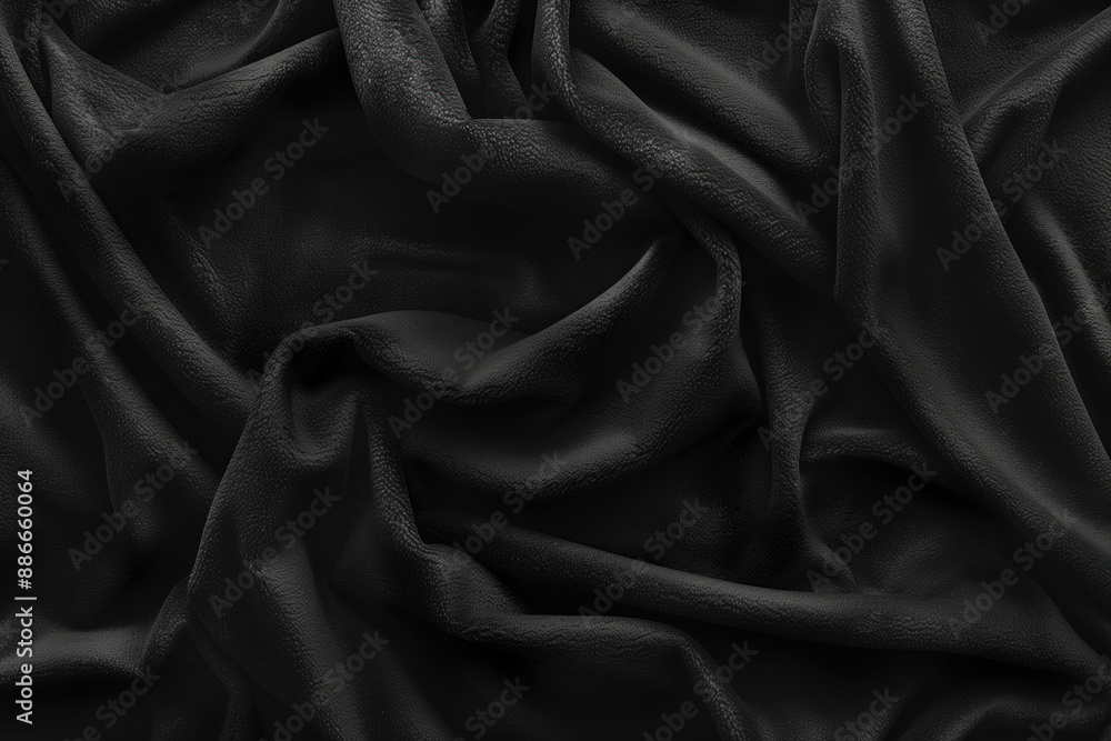 Fototapete Black fabric texture close-up view intricate pattern with folded design creating depth dimension. Focus on fabric surface smoothness material quality. Blurred background emphasizes fabric prominence.