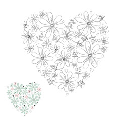 Flower heart coloring page. Antistress coloring page. Black and white heart made of flowers. Vector drawing of flowers.