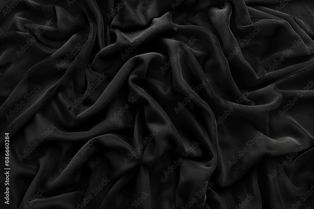 Aufkleber Black fabric texture close-up view shows intricate folds and grid-like pattern. Fabric appears smooth with slight wrinkles. Background is light gray creating striking contrast.