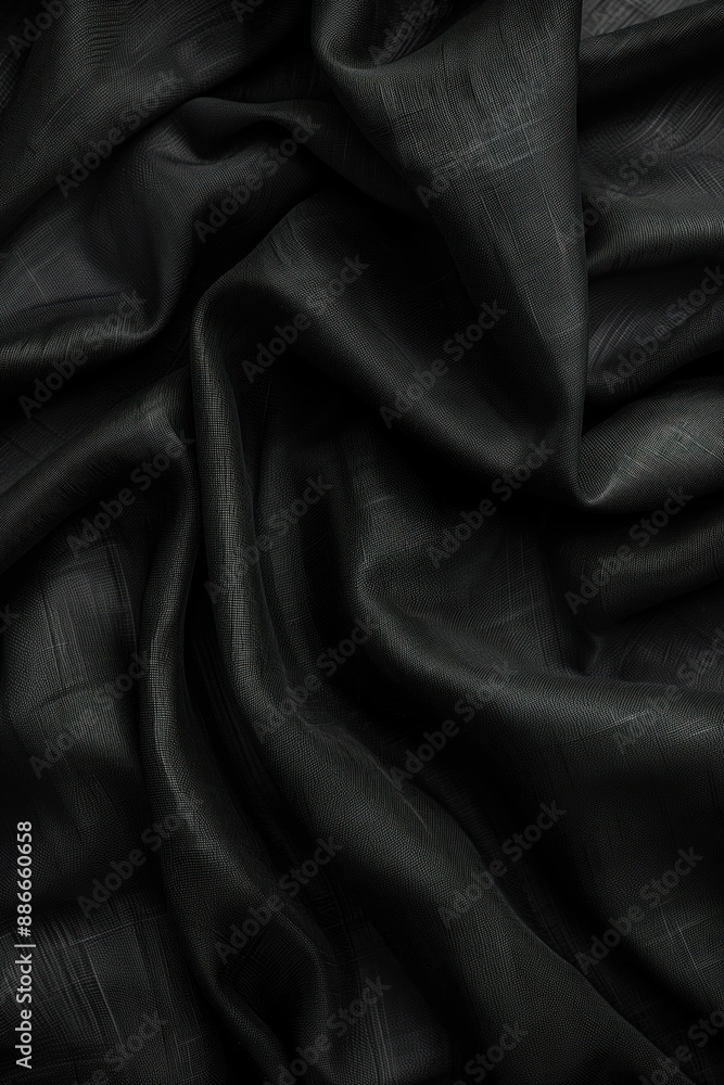 Poster Black fabric with textured surface folded, revealing intricate pattern. Smooth, rough texture combination creates visually striking composition. Gray background contrasts with dark fabric.