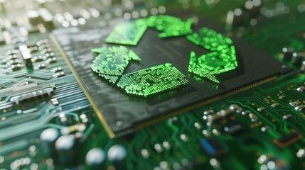 green recycle sign on circuit board technology innovations .AI generated image