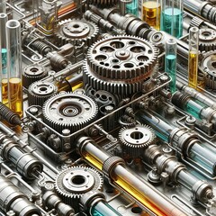 Detailed 3d background of futuristic mechanisms, gears with machine oil between them, wires, transparent tubes with colored liquid