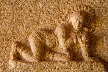 Lord Krishna. Stone bas-reliefs on the walls around the Temple in Hampi.  Unesco World Heritage...
