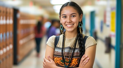 Native American Female Student in School Hallway, Education Diversity, Academic Focus, Inclusivity Representation