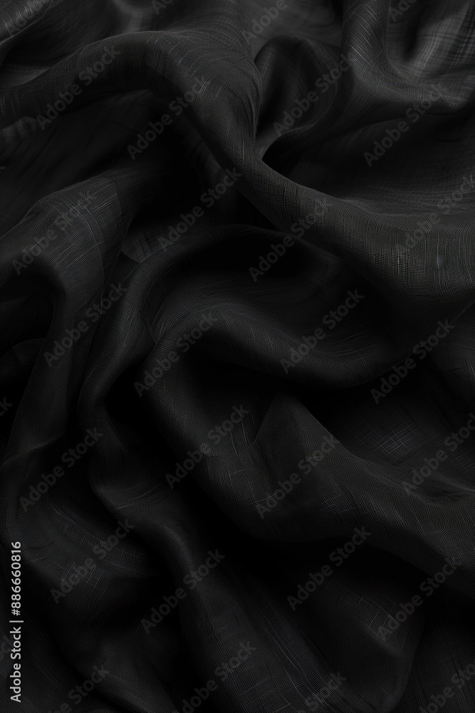 Poster close-up view of black fabric with subtle sheen, folded to show intricate texture and pattern. beige