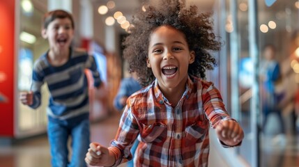 Excited Children Entering A Museum With Big Smiles On Their Faces