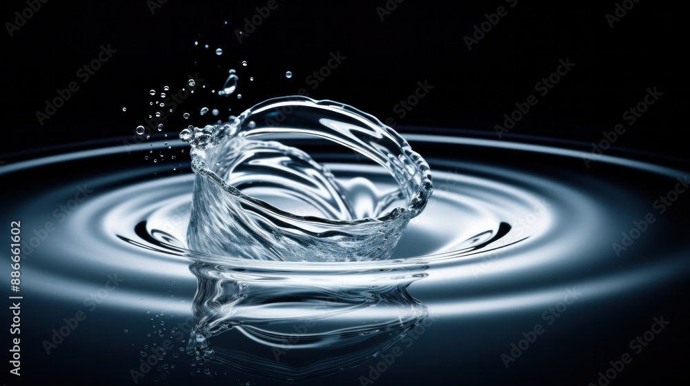 Poster a single raindrop splashing into a still pool of water, creating a mesmerizing ripple effect,