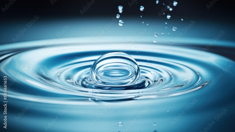 Poster a single raindrop splashing into a still pool of water, creating a mesmerizing ripple effect,