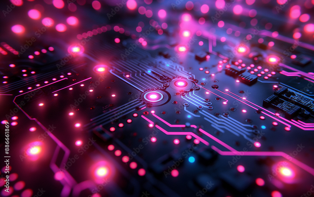 Poster closeup view of advanced electronic circuit board illuminated by activity