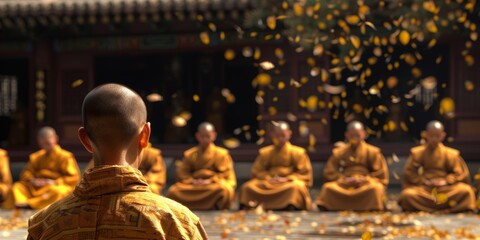 Fototapeta premium Monk teaching young novices in a temple courtyard, autumn leaves gently falling around, [spiritual guidance], [peaceful learning]