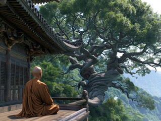 A serene temple with a newly ordained monk meditating under a Bodhi tree, [peaceful retreat], [spiritual journey]