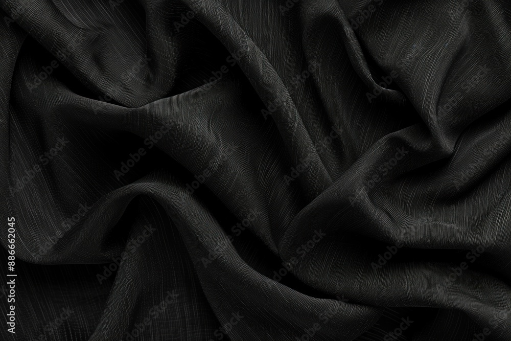 Poster Close-up view of black fabric with subtle texture. Fabric folded in half reveals intricate pattern and design. Predominantly black color scheme with gray accents adding contrast.