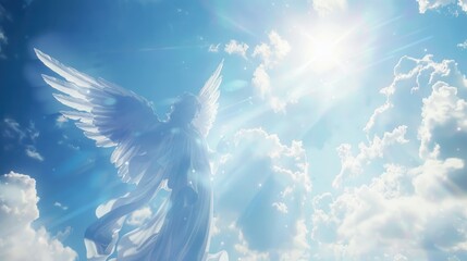 flying angel in clear blue sky with clouds. AI generated image