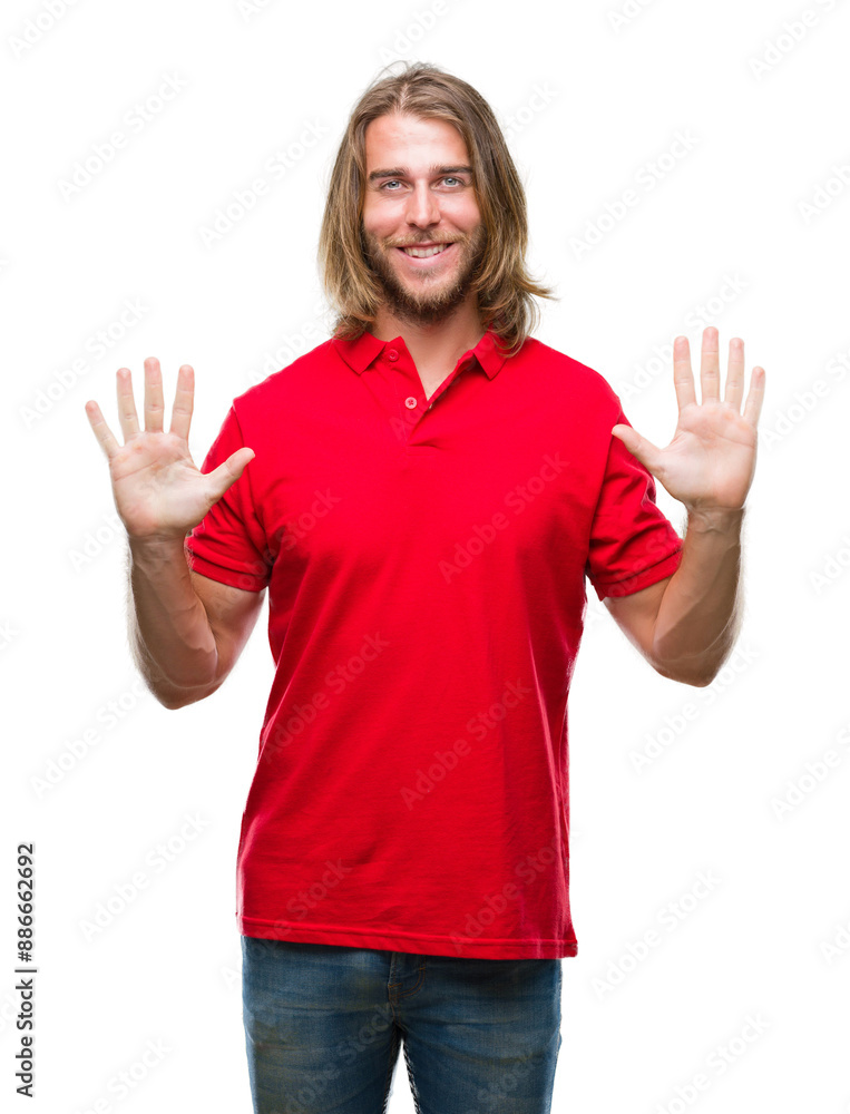 Sticker young handsome man with long hair over isolated background showing and pointing up with fingers numb