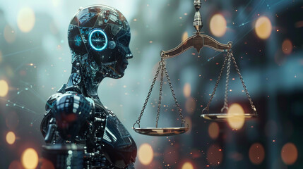 A robot is standing in front of a scale, with a woman's face on the robot