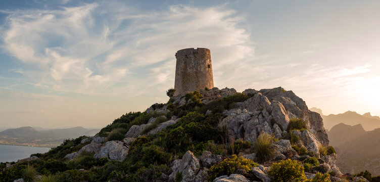Talaia de Abercutx watchtower at sunset, Serra de Tramuntana, Formentor Peninsula, Majorca, Balearic Islands, Spain