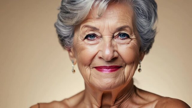 Senior woman with gray hair beauty shot. Wellbeing positive woman with gray hair taking care of her face. Getting old age change, face skincare beauty self-care concept.