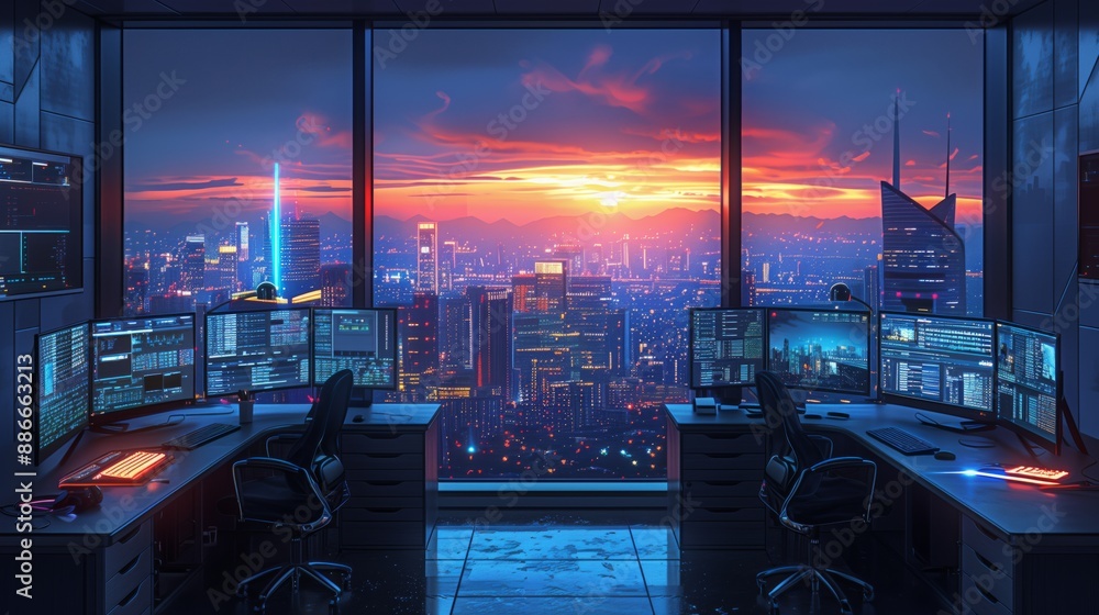 Poster a modern office with multiple computer monitors overlooking a cityscape with a sunset in the backgro