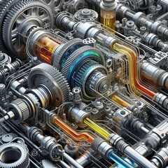 Detailed 3d background of futuristic mechanisms, gears with machine oil between them, wires, transparent tubes with colored liquid