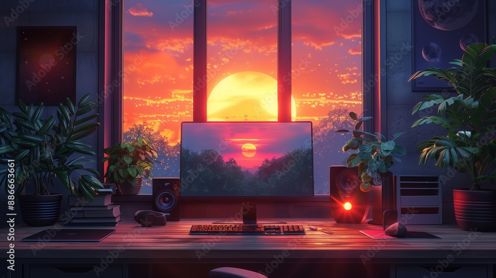 Poster a computer desk is situated near a window overlooking a colorful sunset. the computer screen display