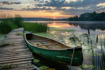 Obraz premium Sunrise Over the Lake with a Canoe at the Dock