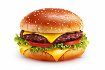 A hamburger with cheese and lettuce on a bun