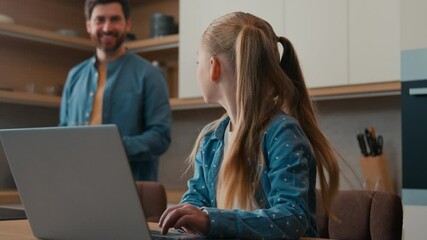 Family food delivery medicine vegetarian healthy nutrition vitamins health kitchen man father bring two glasses orange fresh juice help daughter kid child girl with homework studying laptop e-learning