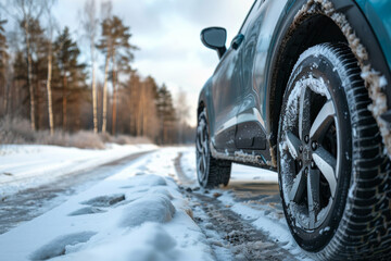 A car with snow on the tires is parked on a snowy road