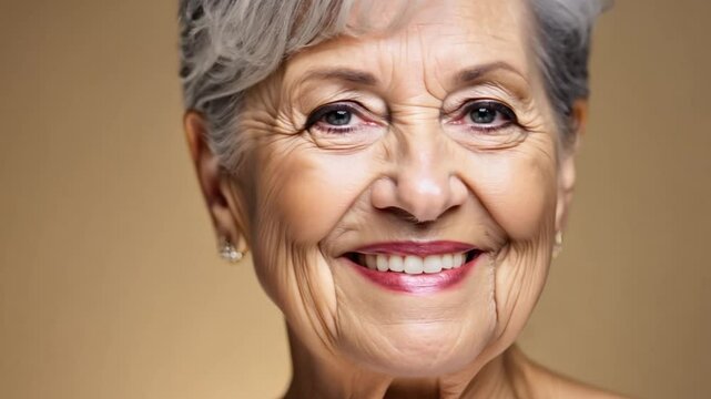 Senior woman with gray hair beauty shot. Wellbeing positive woman with gray hair taking care of her face. Getting old age change, face skincare beauty self-care concept.