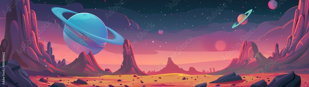 Poster a space scene with a blue planet and a red planet. the blue planet is a large, round, and bright obj