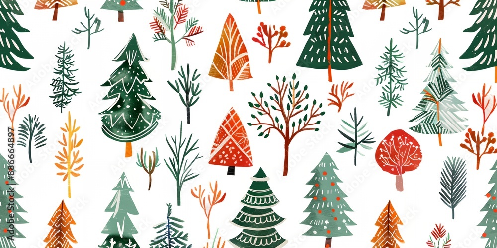 Poster a christmas tree painting with many trees and a white background. the trees are all different sizes 
